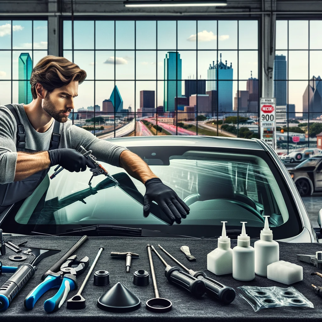 Professional mechanic in Dallas replacing a car windshield in an auto repair shop, with tools and Dallas skyline in the background.
