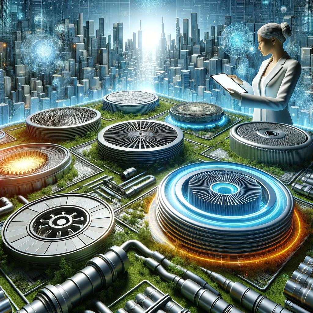 A middle-aged Caucasian woman engineer examines futuristic septic tank lids made of advanced materials, with a digital tablet in hand, against a backdrop of a modern cityscape with green technology elements.