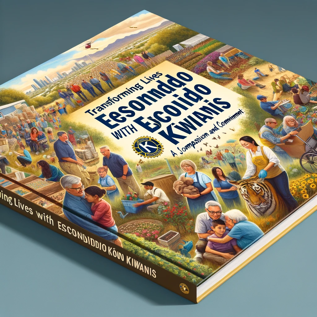 Book cover showcasing diverse people involved in community activities, with the Escondido landscape in the background, titled 'Transforming Lives with Escondido Kiwanis: A Journey of Compassion and Commitment'.